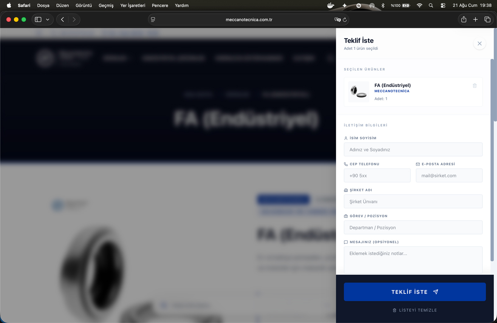 Request a quote panel — the selected product list and contact form with a submit button below