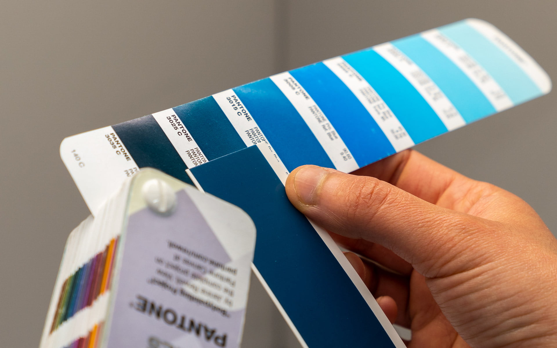 A Pantone color guide held open at the page of blue tones