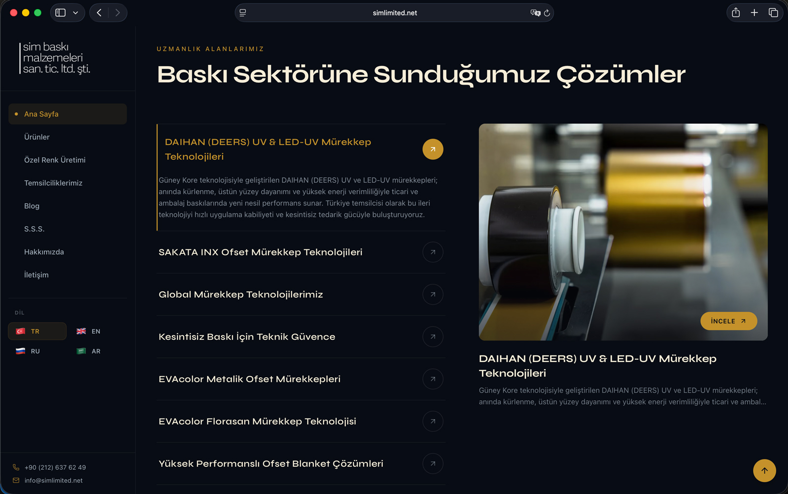 simlimited.net solutions section — a list of ink technologies with the selected solution's description