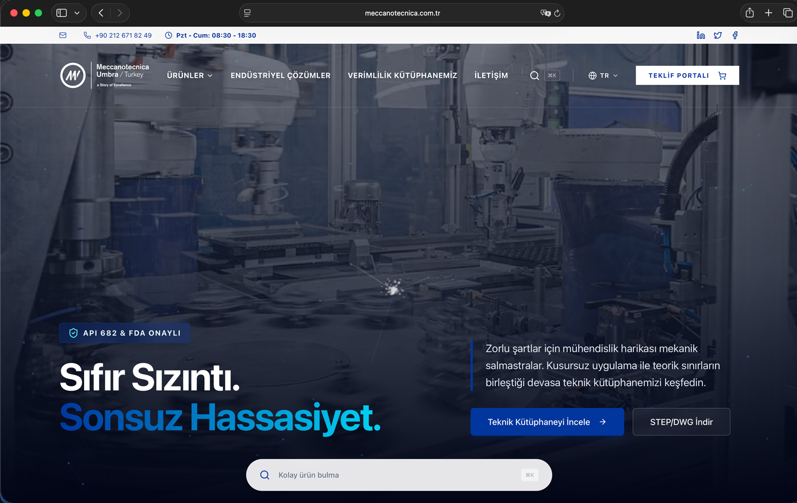 meccanotecnica.com.tr homepage — a Zero Leakage headline over a production line image, with technical library and quote portal links