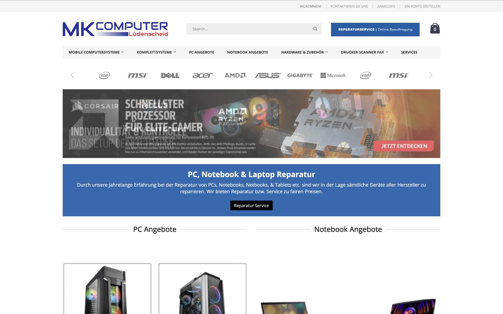 mkcomputer.de storefront — brand strip, campaign area and PC/notebook product listings