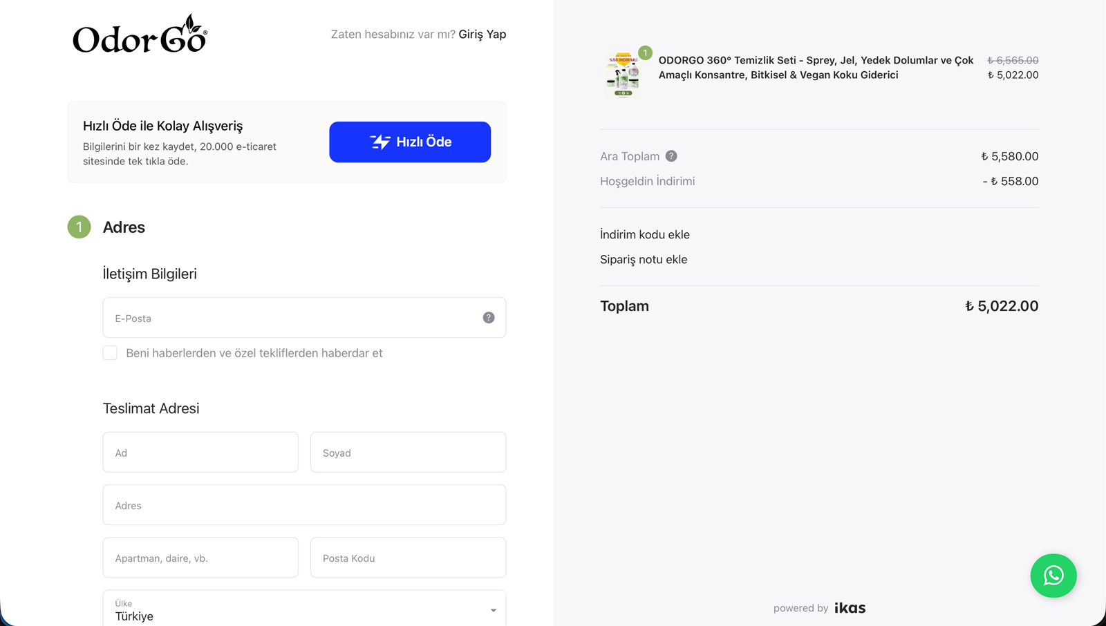 OdorGo e-commerce checkout page — cart summary and delivery step